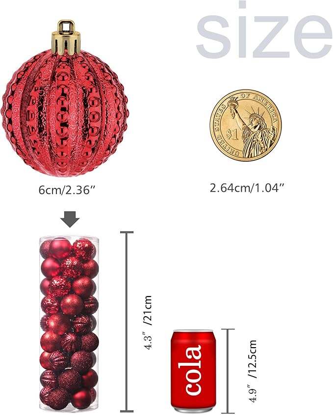 45Pcs 6cm/2.36inch Christmas Balls Glitter Ornaments Set, Shatterproof Plastic Xmas Tree Hanging Ornament, Christmas Decorations Balls for Holiday Festival Wedding House Bar Party(Red/Wine)