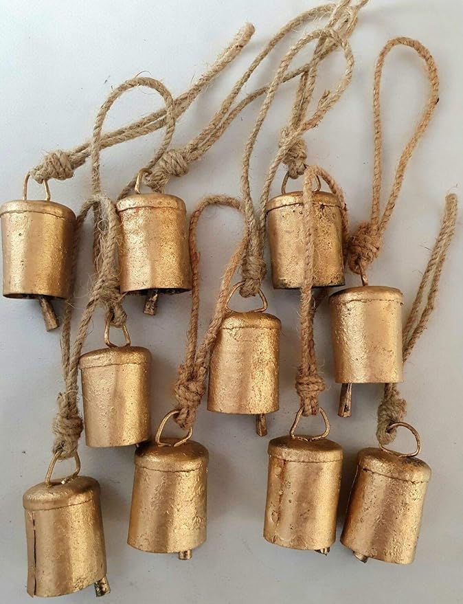 Set of 10 Vintage Rustic Tin Bells Wall Hanging Décor 6cm Big Bells On Jute Rope Christmas Hanging Jingle Bells (Cylinder)
