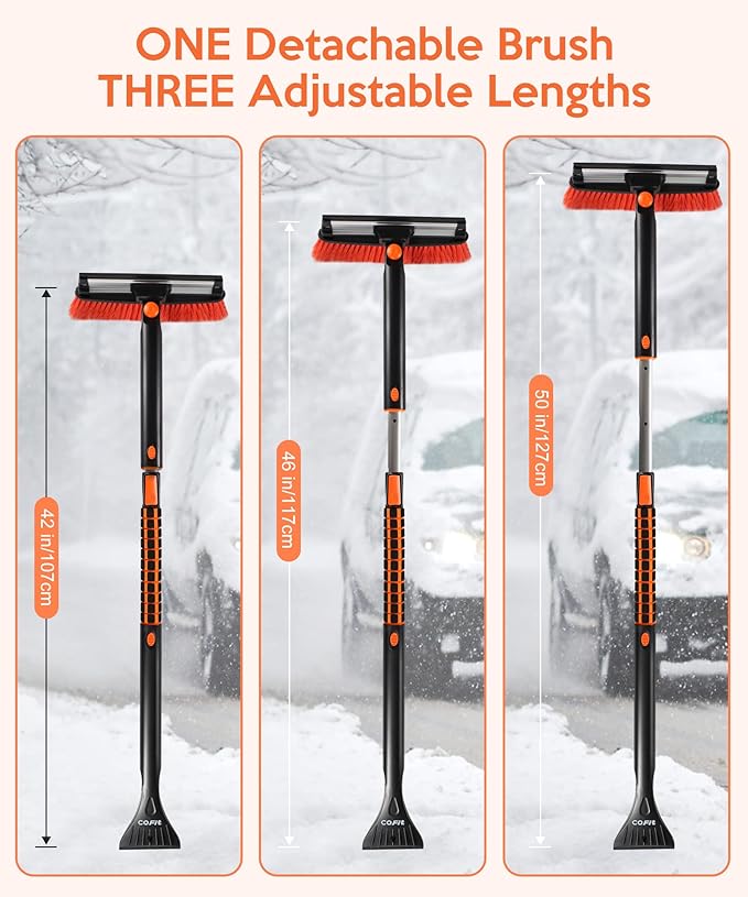 COFIT Car Snow Brush with Ice Scraper and Squeegee 3 in 1, 50" Extendable Cleaning Kit Long Handle, Windshield Snow Removal Tool Scratch Free, SUV Truck RV Window Roof Exterior Wash Supplies, Orange
