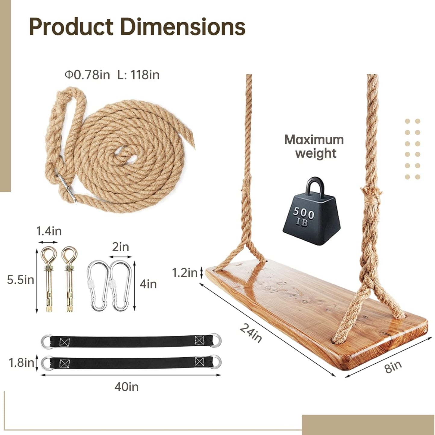 Wooden Tree Swing,500lbs Load Capacity Wooden Swing for Adults & Kids,Adjustable Height,Waterproof Hanging Swing Seat for Indoor,Outdoor,Backyard,Garden,Playground (Adult)