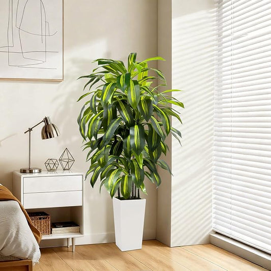 5FT Fake Plant Artificial Dracaena Tree Indoor - Faux Plants Indoor Tall with White Planter - Fake Tree Floor Plant Artificial Plants Decor for Living Room Office