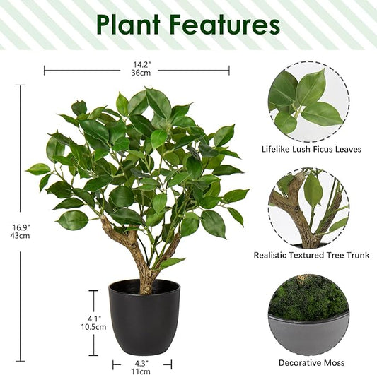 Artificial Tree, 17'' Ficus Bonsai, Premium Faux Planted Potted Decor for Home Table Office Desk Bathroom Bedroom Living Room Farmhouse
