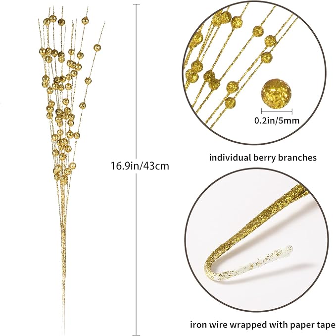 Christmas Artificial Glitter Berry Stem Decorations Decorative Bead Sticks Xmas Picks Glittery Twigs Branches for Christmas Tree Wreath Gift Vase Home Decor Party Ornaments Gold 24 PCS