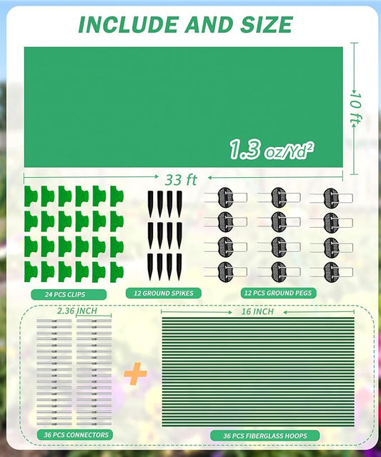 NEW Plant Covers Freeze Protection Kit,10x33FT 1.3 oz/yd² Frost Blanket,36 Hoop,12 Peg,Reusable Garden Bed Covers for Winter,Greenhouse Tunnel,Snow & Pest Protection for Outdoor Plant & Raised Bed