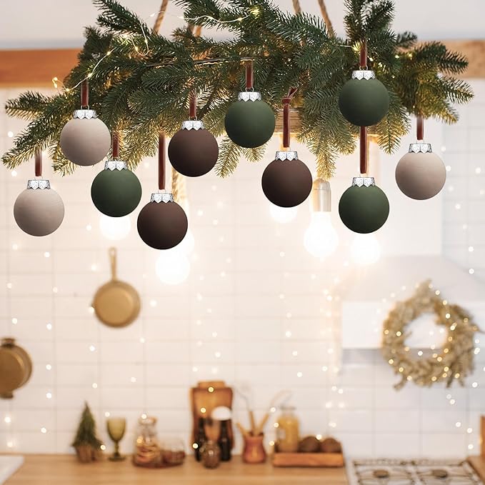 24 Pcs Neutral Matte Christmas Ball Ornaments 2.4 Inch Rustic Boho Brown Green Tan Xmas Bulbs Ornament Vintage Xmas Baubles Modern Christmas Decor for Tree Farmhouse Decor