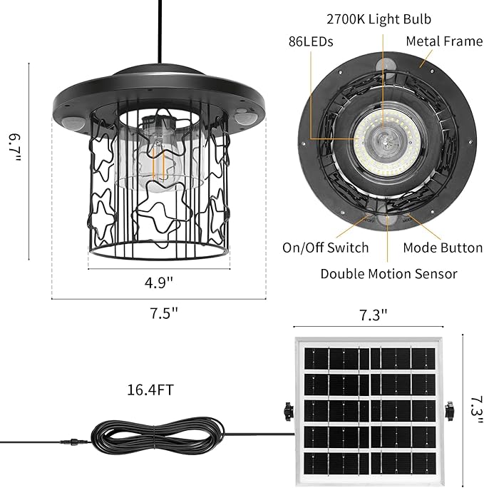 Solar Star Pendant Light - 3000LM Outdoor Solar Chandelier with Motion Sensor, Gazebo Lighs with Remote Control, 5 Modes, 3 Color Temperatures for Patio, Garden, Gazebo, Umbrella(16.4FT Cord)
