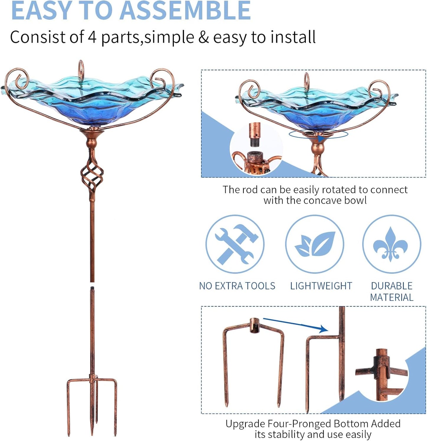 VCUTEKA Outdoor Bird Bath Glass Birdbath Garden Bird Feeder with Metal Stake Blue