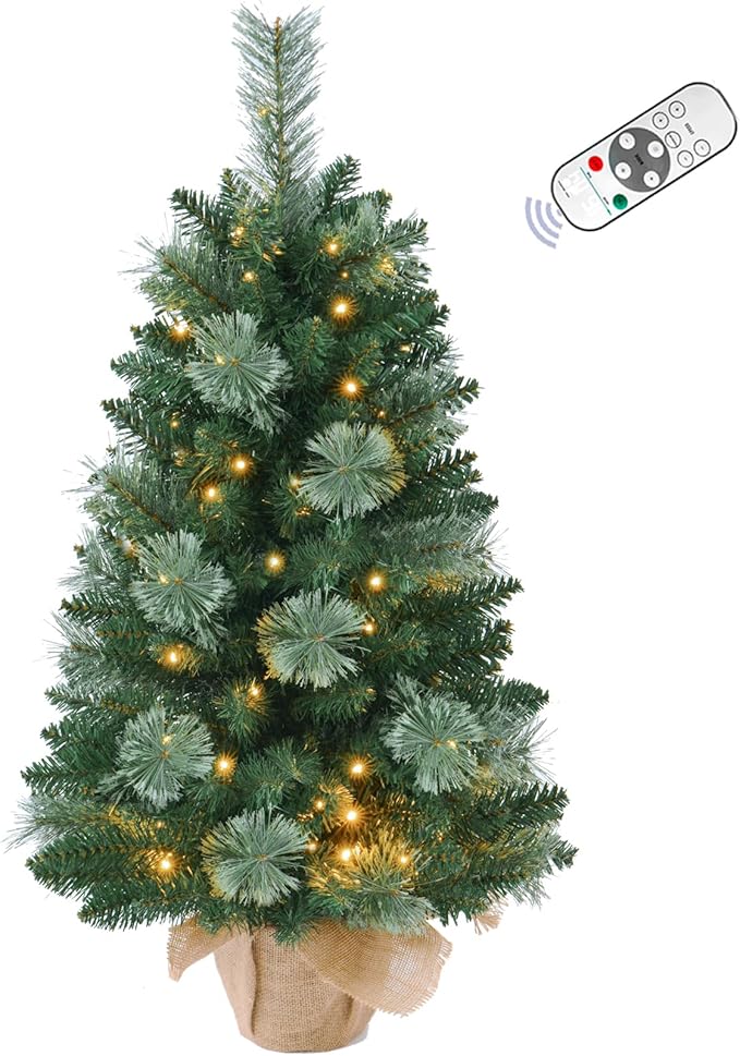 3FT Pre-lit Artificial Small Mini Christmas Tree with Warm White Multi-Color LED Lights, Remote Control and Timer, Perfect for Xmas Tabletop Decorations, Home, Kitchen, Dining Table top Green