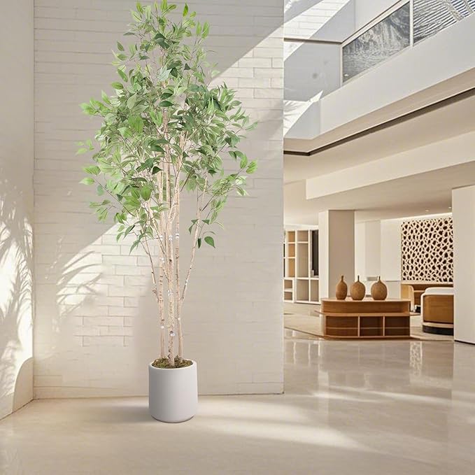 Artificial Fake Ficus Tree 8FT Tall 1Pack with White Planter & Free Moss, Artificial Plants Indoor, Artificial Trees for Home Decor Indoor, Faux Ficus Tree