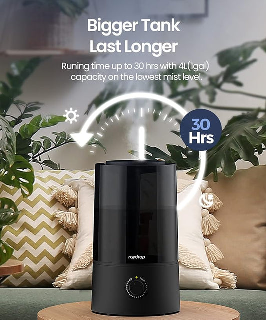 raydrop Humidifiers for Bedroom, Humidifiers for Home & Large Room, Cool Mist Humidfiers for Baby and Plant, Adjustable Mist Level, Auto Shut-Off, Black, 4.0L
