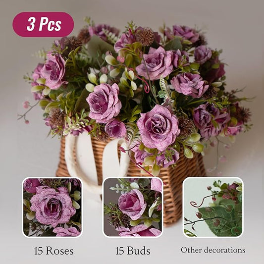 3 Bundles Fall Artificial Flowers Bouquet, Autumn Fake Roses Bouquet Faux Fall Floral Arrangements for Centerpiece Table Wedding Party Home Decor (Purple Rose Red)