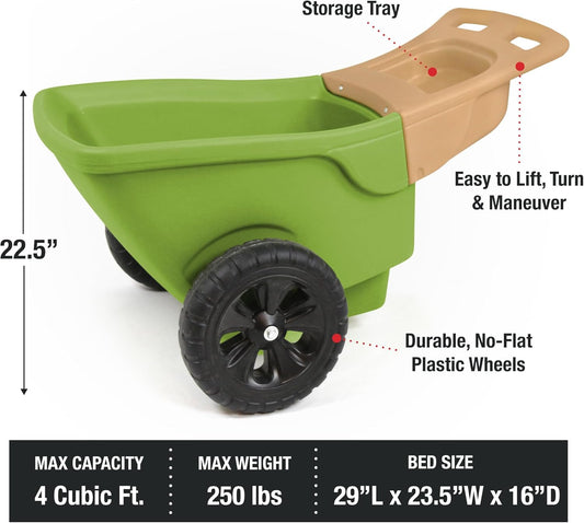 Simplay3 Easy Haul Wheelbarrow with Garden Tool Storage Tray, Durable Heavy-Duty Plastic Wheelbarrow with Large Easy Turn Wheels - Green, Made in USA…
