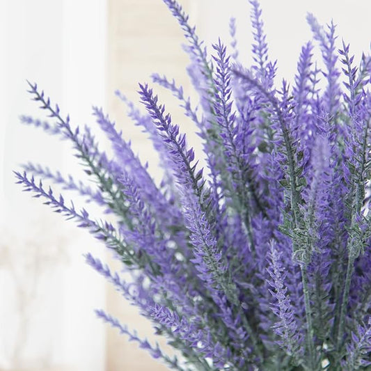 Ouddy Decor 24 Bundles Artificial Lavender Fake Flowers Faux Plastic Plants for Home Wedding Kitchen Garden Patio Window Box Office Table Centerpieces Indoor Outdoor Decor, Gray Purple