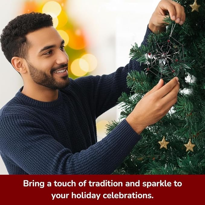 Matashi Black Spider Hanging Ornament for Christmas Tree w Clear, Red Crystals – Lucky Spider Web Decoration for Tree, Seasonal Decor Holiday Hanging Ornament Gift Inspired by Christmas Spider Legend