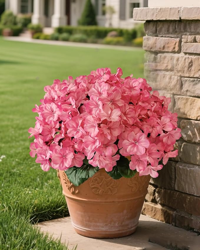 6 Bundles Faux Geranium Flowers Outdoor UV Resistant Pink Silk Artificial Geraniums, Perfect for Garden Plants, Home & Kitchen Table Centerpieces Deco, Porch, Patio, Yard & Balcony.