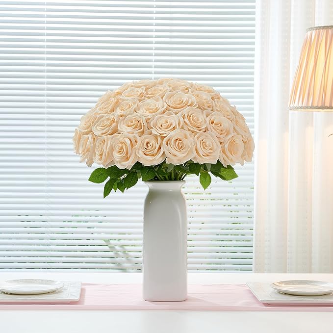 50Pcs Champagne Roses Artificial Flowers Artificial Silk Roses Bulk,Fake Roses Flower with Stems Realistic Flowers for Wedding Centerpiece Home Party Decor