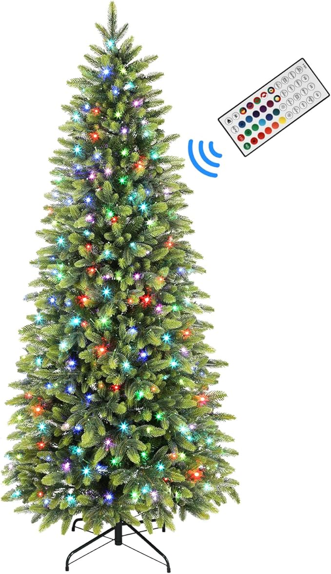 Alupssuc 4ft Prelit Artificial Hinged Pencil Christmas Tree with 160 Multi-Color Changing RGB Lights and 773 PE & PVC Branch Tips, Remote Control 4 Feet Pre-Lit Slim Tree for Xmas Decoration, Green