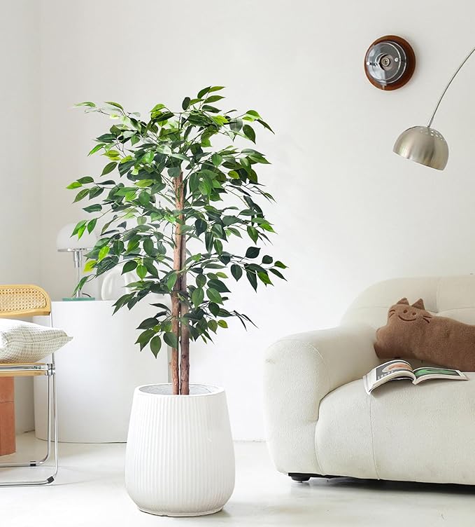 2Packs 4FT Artificial Ficus Trees with Realistic Leaves and Natural Trunk, Faux Ficus Tree with Sturdy Plastic Nursery Pot, Fake Ficus Tree for Office Home Farmhouse for Indoor Outdoor Decor