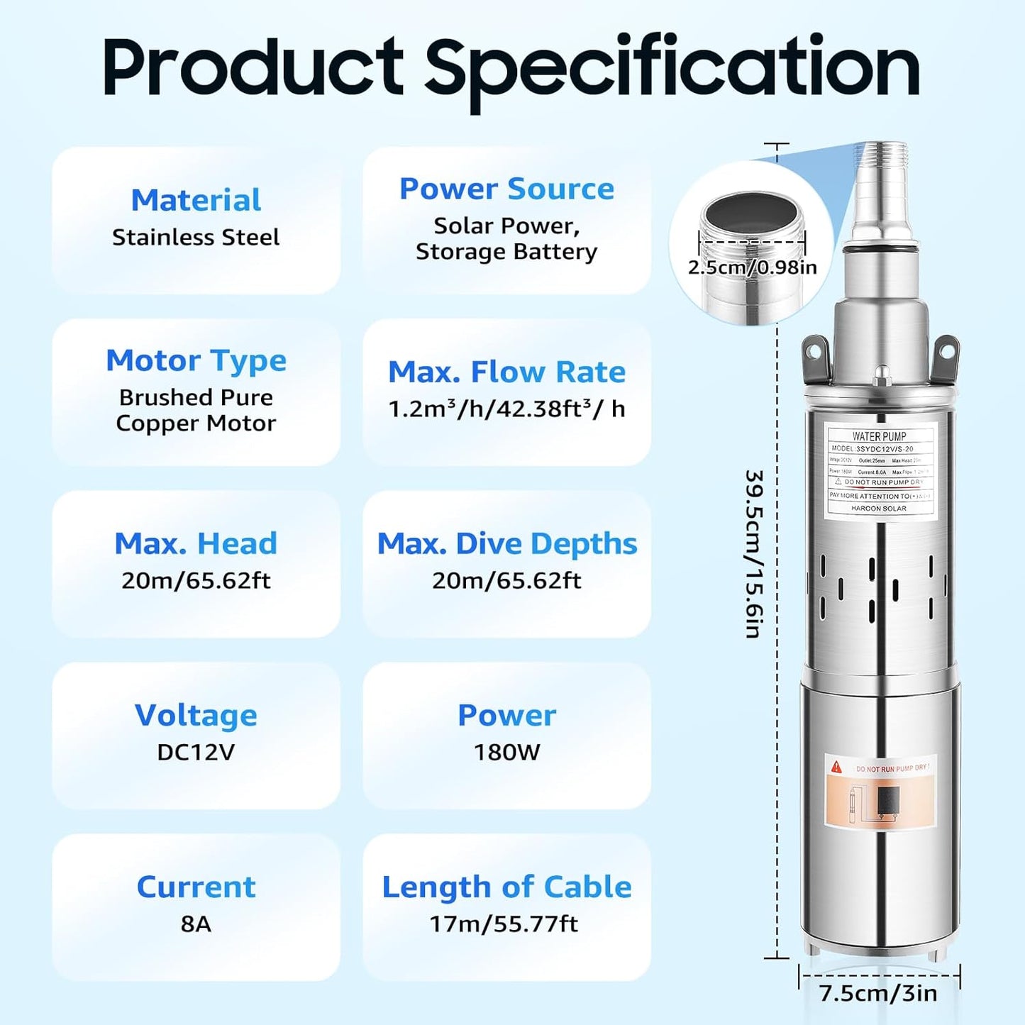 Deep Well Submersible Pump, DC 12V 180W Electric Solar Powered Water Pump 1.2m3/h Max Head 65.62ft Stainless Steel High Pressure Water Well Pump for Well, Tank Filling Farm (12V 180W)