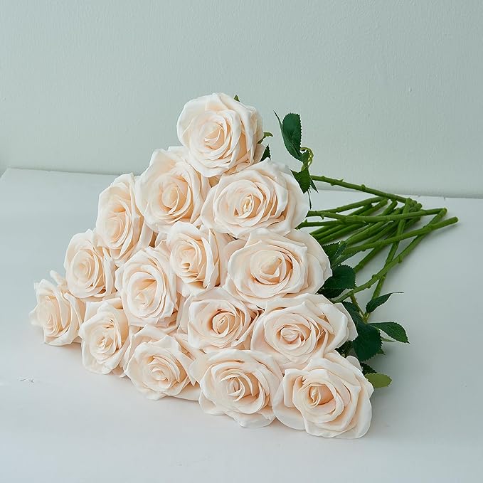 15pcs Champagne Roses Artificial Flowers Silk Fake Flowers Realistic Faux Roses Bouquet Long Stem for Wedding Home Party Birthday Decoration