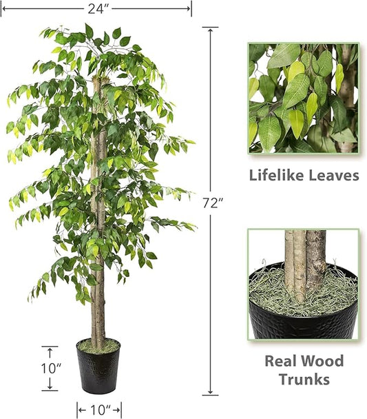 6ft Deluxe Artificial Ficus Tree in Black Metal Pot - Real Wood Trunk, Preassembled, No Maintenance Indoor Faux Plant - Living Room, Home & Office Decor