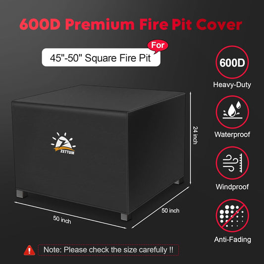 Fire Pit Cover Square 50 Inch - Outdoor Firepit Cover Heavy Duty & Waterproof, 600D Patio Fire Table Cover Large Gas Fire Pit Accessories Fade & Weather Resistant - 50 x 50 x 24 Inch