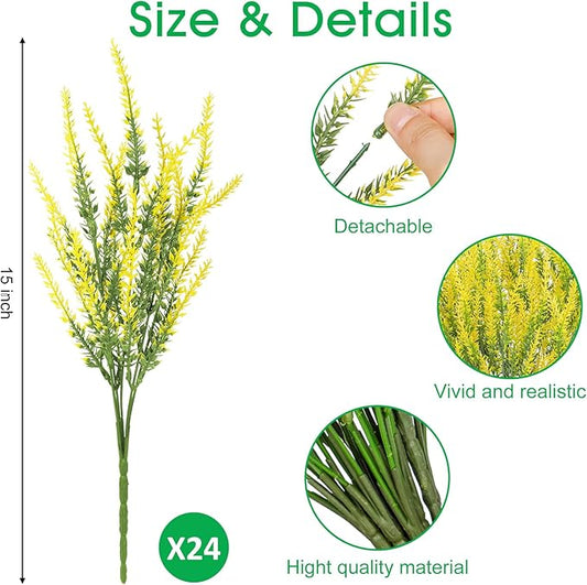 Ouddy Decor 24 Bundles Artificial Lavender Fake Flowers Faux Plastic Plants for Home Wedding Kitchen Garden Patio Window Box Office Table Centerpieces Indoor Outdoor Decor, Yellow