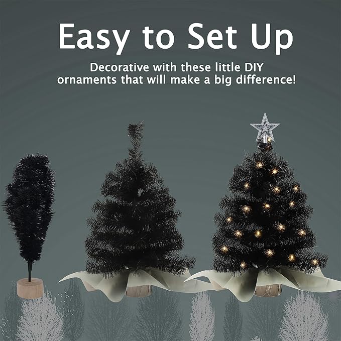 Juegoal Black Mini Christmas Tree, 24 Inch/2 FT Lighted Tabletop Artificial Xmas Pine Tree, Halloween Small Tree Light Up Battery Operated & Timer with 50 LED Lights, for Holiday Home Party Decor