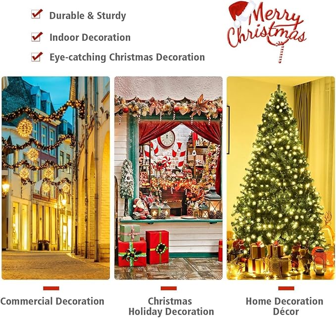 COSTWAY 8 FT Prelit Christmas Tree, Artificial Christmas Tree with 1438PVC Branch Tips, 430 LED Lights, Folding Metal Stand, Easy Assembly, Full Hinged Fir Xmas Tree for Home Office Party Decoration