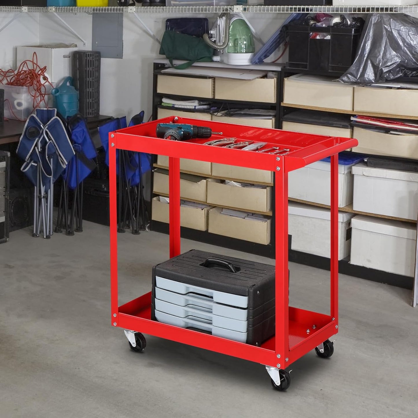 TUFFIOM 2 Tier Rolling Tool Cart on Wheels w/2 Brake, 220 LBS Capacity Heavy Duty Commercial Utility Tool Service Cart, Tool Organizer for Mechanic,Garage,Workshop,Warehouse & Repair Shop