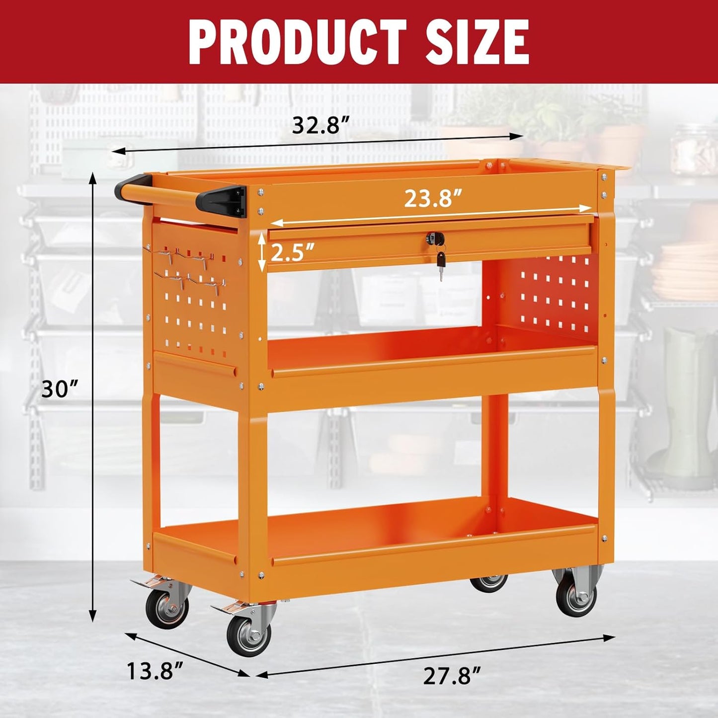 3 Tier Rolling Cart, Heavy Duty Utility Industrial Service Carts on Wheels, Metal Tool Cart with Locked Drawers, Ideal for Garage, Warehouse and Repair Shop(Orange)