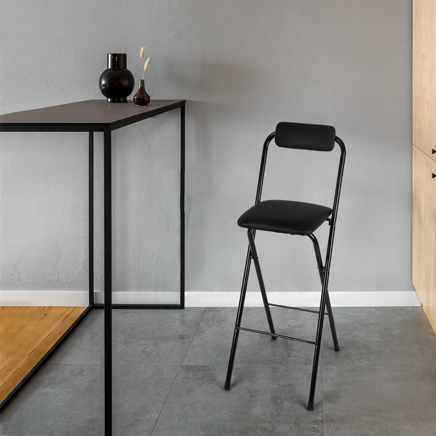 Thyle 1 Pcs Folding Bar Stool with Backrest, Tall Foldable Stool Chair Portable High Folding Bar Chair Counter Height Seat Leather Padded for Kitchen Island Shop Cafe Dining Room Black (29.5 Inch)