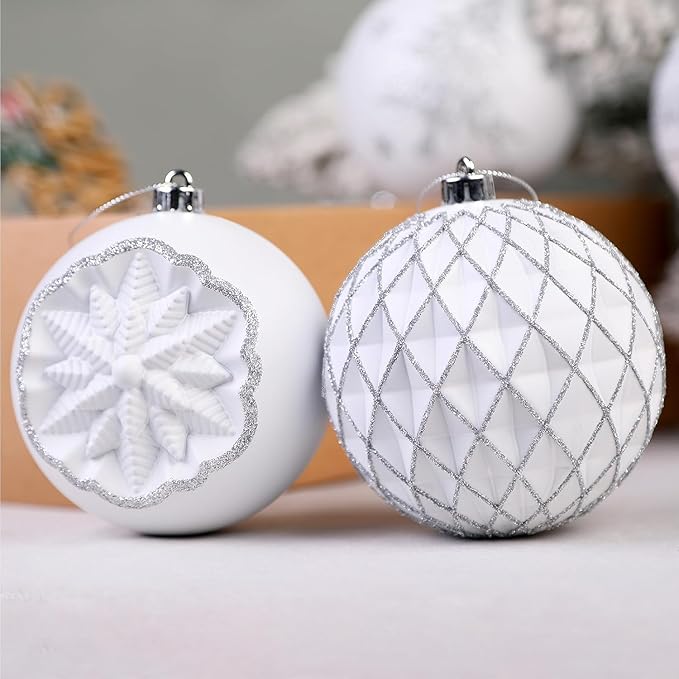 SHareconn 100MM/4 Inch 9PCS Large Christmas Balls Ornaments, Shatterproof Plastic Hanging Big Baubles Set for Xmas Tree Decoration Holiday Party Wedding Decorations with Hook, White and Silver