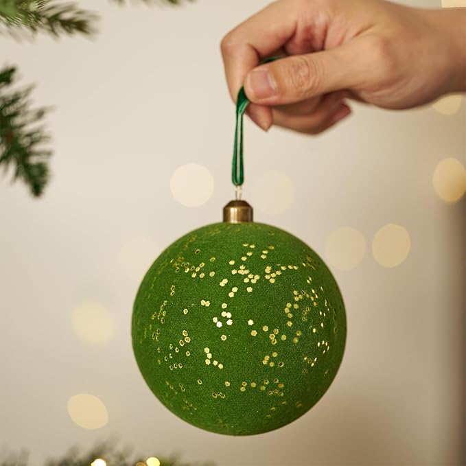 DN DECONATION 4PCS Christmas Ball Ornaments Set – Green Ball Ornaments for Christmas Tree, 4” Shatterproof Velvet Plastic Balls Xmas Decorations with Ribbons for Winter Holiday Decor Gifts