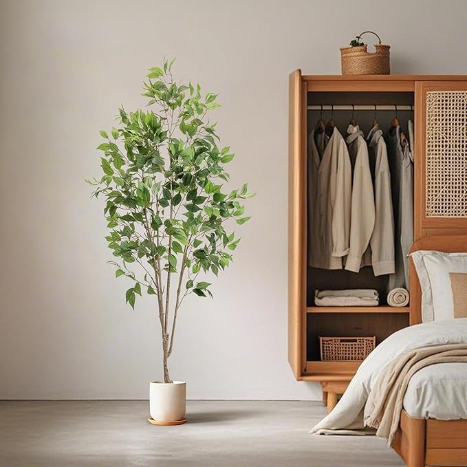 Artificial Fake Ficus Tree 6FT Tall 1Pack with White Planter & Free Moss, Artificial Plants Indoor, Artificial Trees for Home Decor Indoor, Faux Ficus Tree