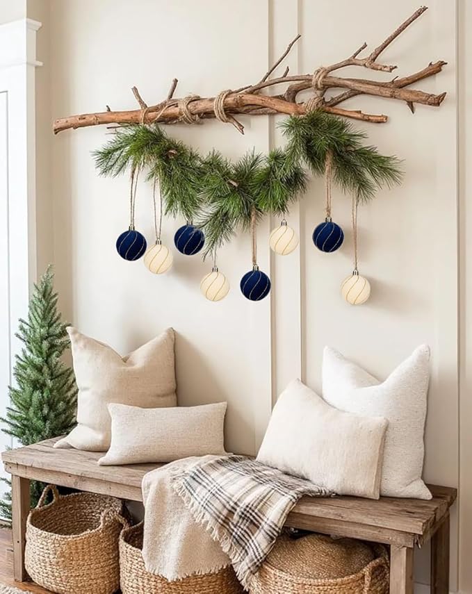 24PCS Velvet Christmas Ball Ornaments Set, 2.36" Shatterproof Baubles for Christmas Tree Decorations, Gold-Lined Hanging Baubles with Velvet Finish for Thanksgiving Holiday Party Décor, Navy Blue