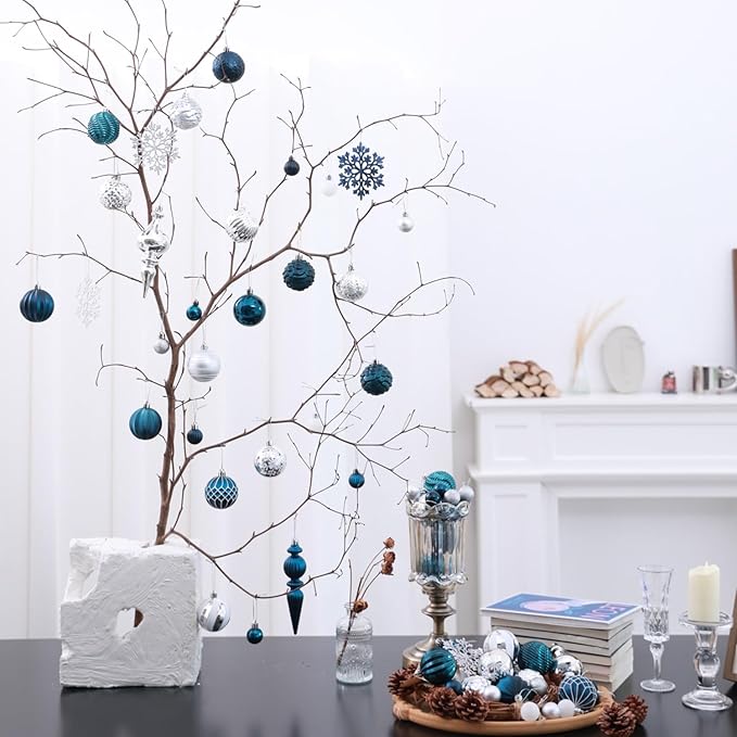 Christmas Tree Ornaments Decorations Set-116ct 1.18-6.5 Inch Assorted Silver Blue Shatterproof Decorative Hanging Christmas Ball Ornaments Bulk,Xmas Tree Tabletop Decorations for Holiday Decor