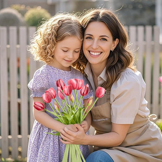 15 Pcs Red Tulips Artificial Flowers Faux Tulips Real Touch Latex Fake Flower Bouquet for Spring Wedding Home Décor Centerpiece Arrangements