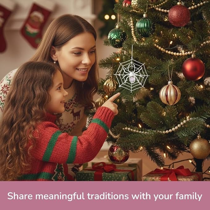 Matashi Silver Plated Christmas Tree Spider Ornament w Pink, Clear Crystals Lucky Hanging Decoration, Holiday Ornament Gift, Unique Spider Decor for Christmas & Halloween Party w Tinsel Legend Story