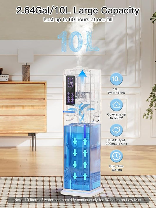 10L/2.64Gal Humidifiers for Bedroom, Top Fill Quiet Ultrasonic Cool Mist Humidifier Large Room, Covers 550ft², 60H Runtime, 24H Timer, 3 Mist Modes Humidifiers for Home, Office, Plants, White