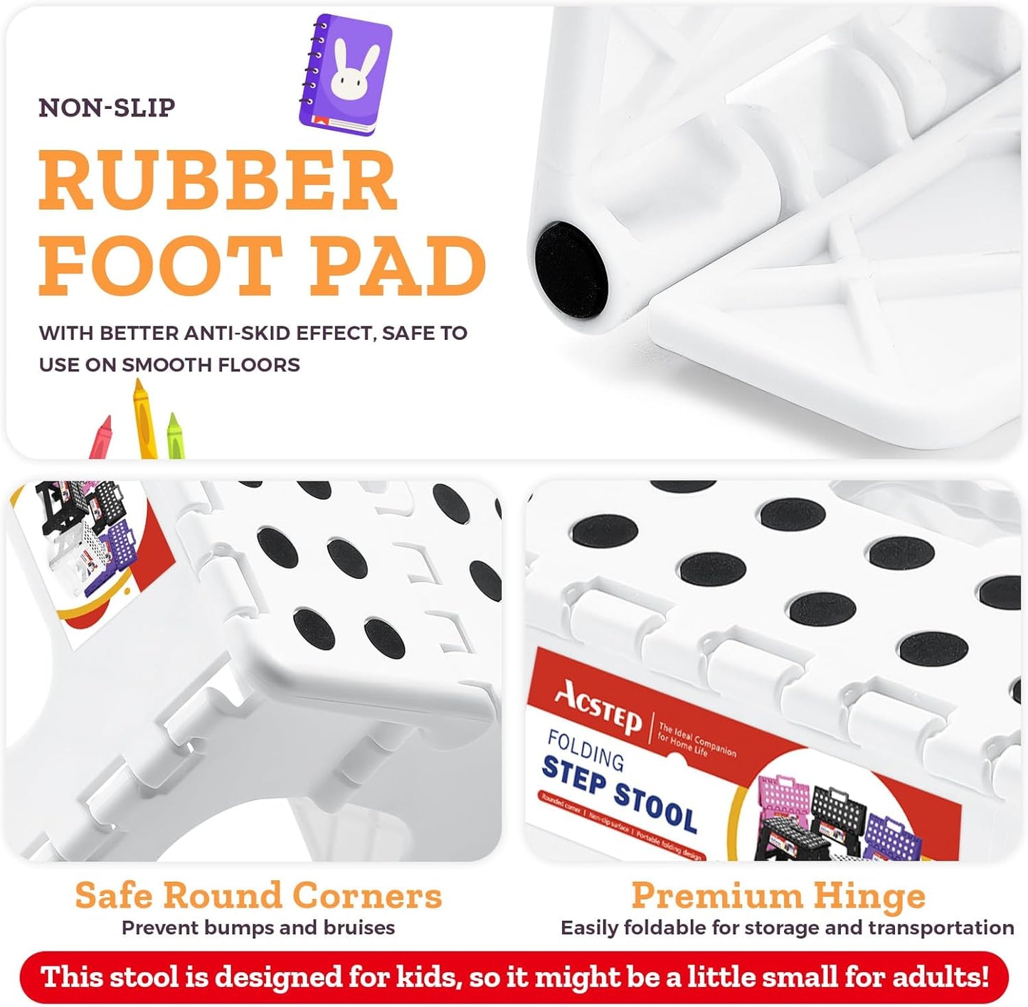 ACSTEP 7.5 Inch Folding Step Stool Foldable Stool Height Kids Step Stool, 176 lb Capacity Plastic Collapsible Stool, White Small Stepping Stools, Foot Stools Suitable for Kitchen