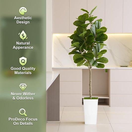 Artificial Fiddle Leaf Fig Tree 6ft - Realistic Tall Fake Plants for Office Home Living Room Bedroom Decor Indoor Outdoor - Green Large Silk Faux Floor Plant with Pot
