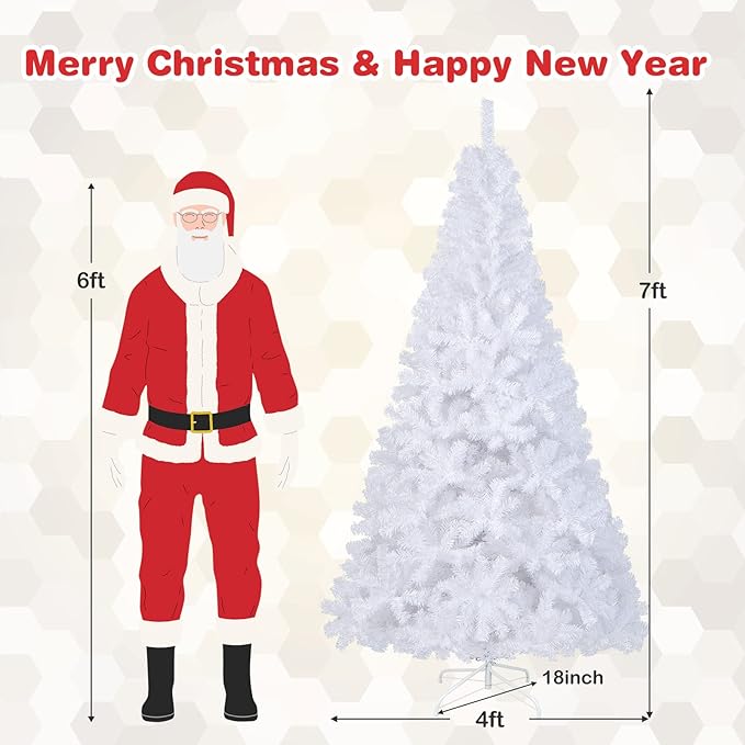 Happygrill 7 Feet White Christmas Tree Artificial Xmas Tree with Solid Metal Stand White Christmas Pine Tree for Indoor Outdoor Decoration