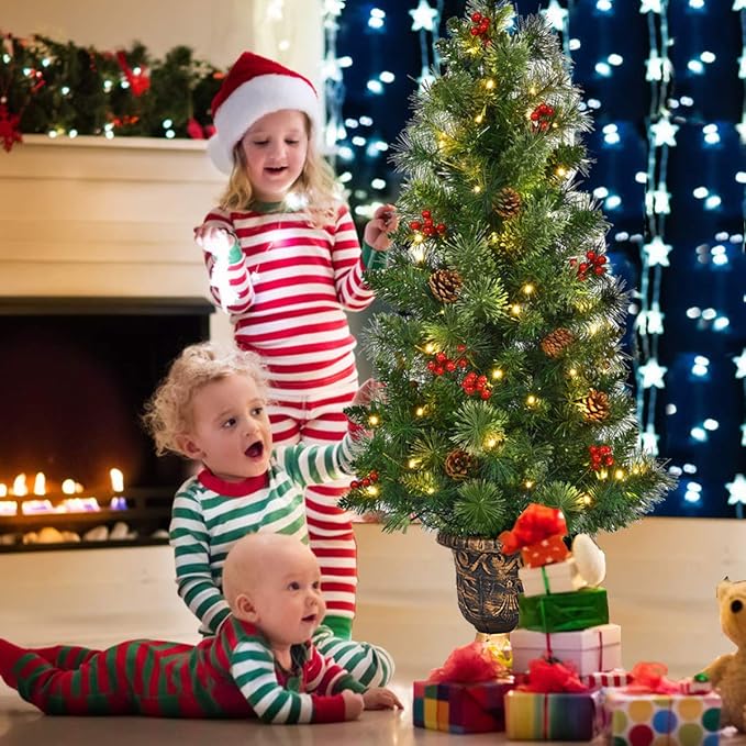 GOFLAME 5ft Prelit Pathway Christmas Tree with 100 LED Lights, Artificial Christmas Tree with Metal Stand, 260 Branch Tips, Pine Cones and Red Berries, Entrance Tree for Indoor and Outdoor Decoration