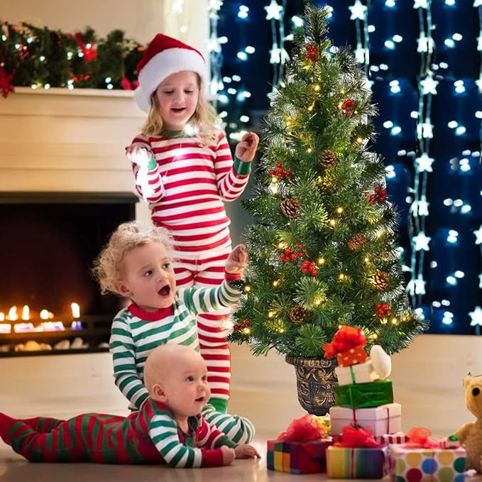 GOFLAME 4ft Prelit Pathway Christmas Tree with 60 LED Lights, Artificial Christmas Tree with Metal Stand, 180 Branch Tips, Pine Cones and Red Berries, Entrance Tree for Indoor and Outdoor Decoration