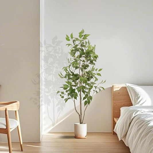 Artificial Fake Ficus Tree 5FT Tall 1Pack with White Planter & Free Moss, Artificial Plants Indoor, Artificial Trees for Home Decor Indoor, Faux Ficus Tree