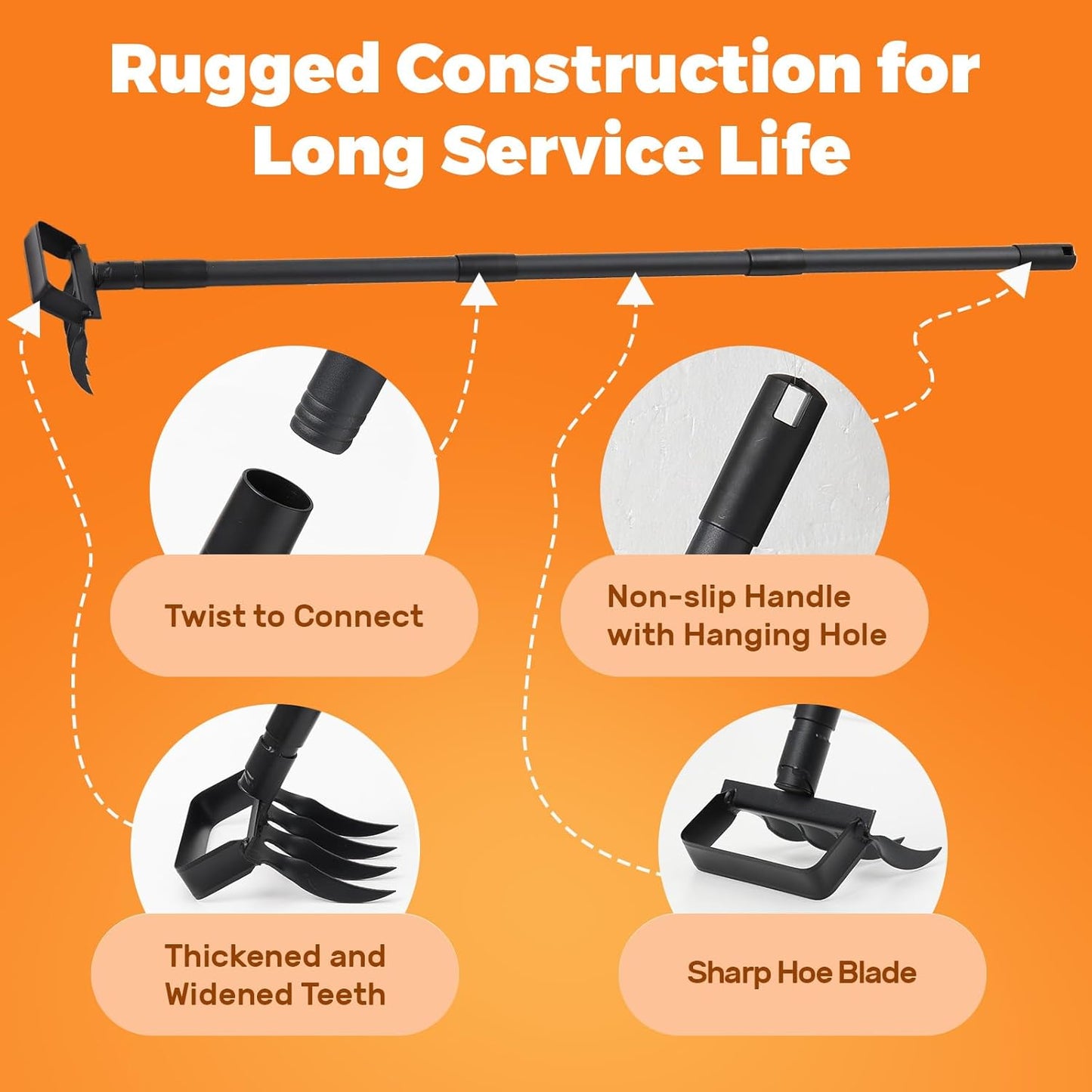 Hula Garden Hoe and 4 Tines Rake 2-in-1 Garden Tool for Weeding, Garden Cultivator with 62.6" Adjustable Long Handle Heavy Duty Weed Puller Stirrup Hoe for Ditching, Seeding, Loosening Soil