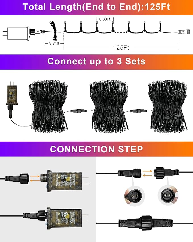 2Packs 380 LED Halloween Lights, Each 125FT String Lights 8 Lighting Modes & Timer Memory, Outside Waterproof Strings Lights for Trees Gardens Yard Holiday Decorations, Purple and Orange