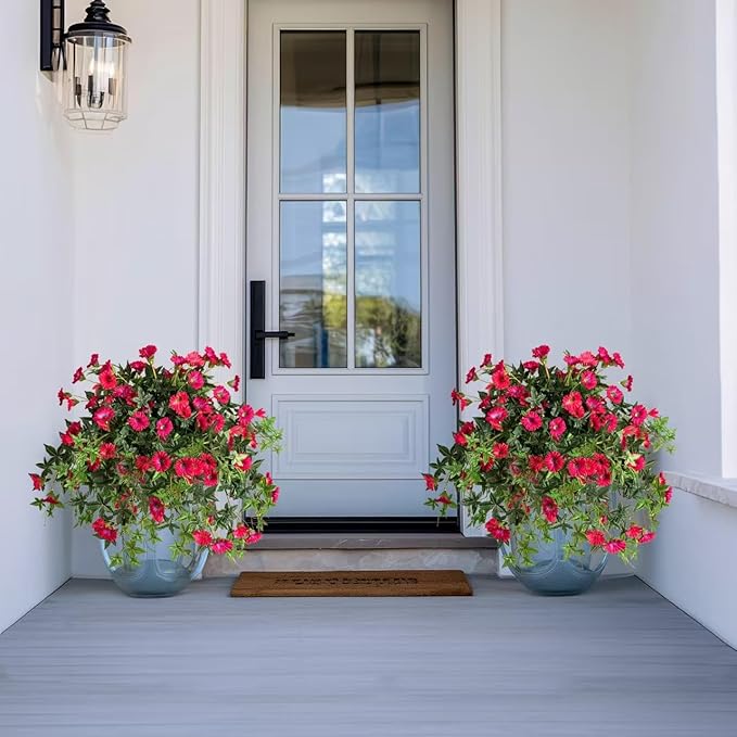 Artificial Flowers Artificial Petunias for Outdoors Artificial Hanging Plants Outdoor Silk Flowers with Stems Outdoor Flowers Uv Resistant for Porch Decor Terrace Decor,Rose Red with Pot 2PCS