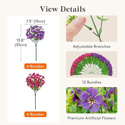 Lifewit Artificial Flowers for Outdoor Indoor, 12 Bundles Plastic Fake Flowers Daisy with Eucalyptus Leaves for Home Garden Decor, Porch, Window Box(Mix for Fuchsia Purple)